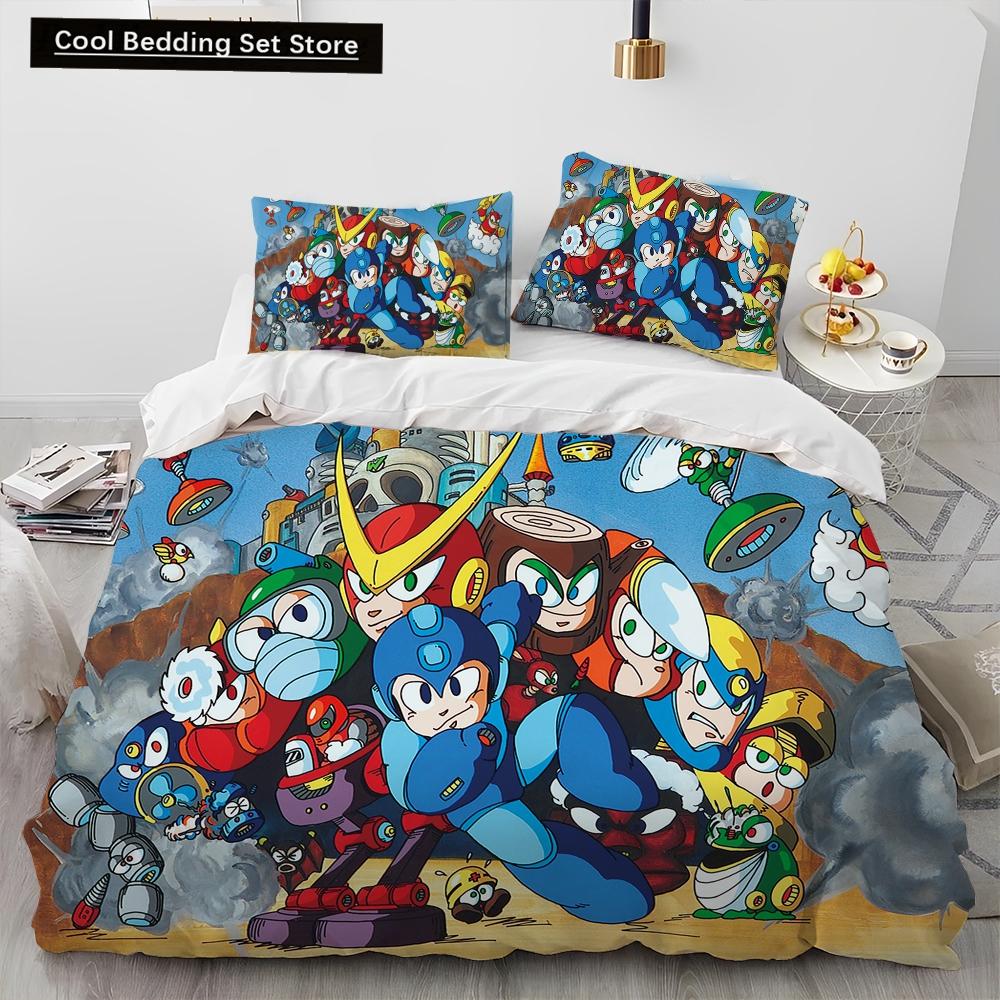 3D Рокмен Мегамен Игра Мультяшный Комплект Постельного Белья Одеяло Пододеяльник Наволочка,Королевский Размер Квинсайз Детский