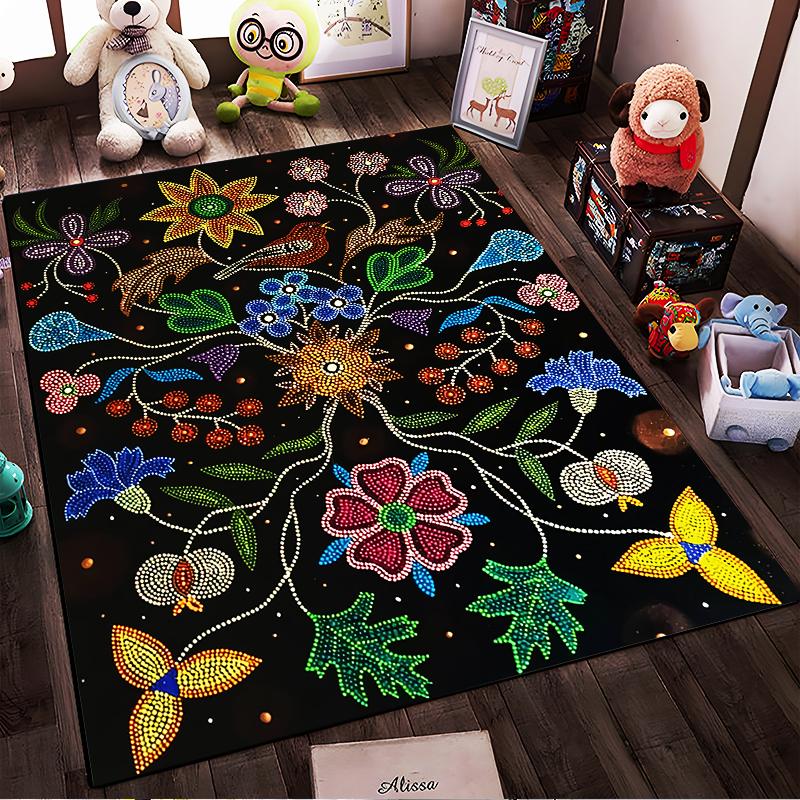 Colorful Floral Pattern Carpet with Mandala Style on Black Background Suitable for use as an anti-slip for living room bedroom sofas