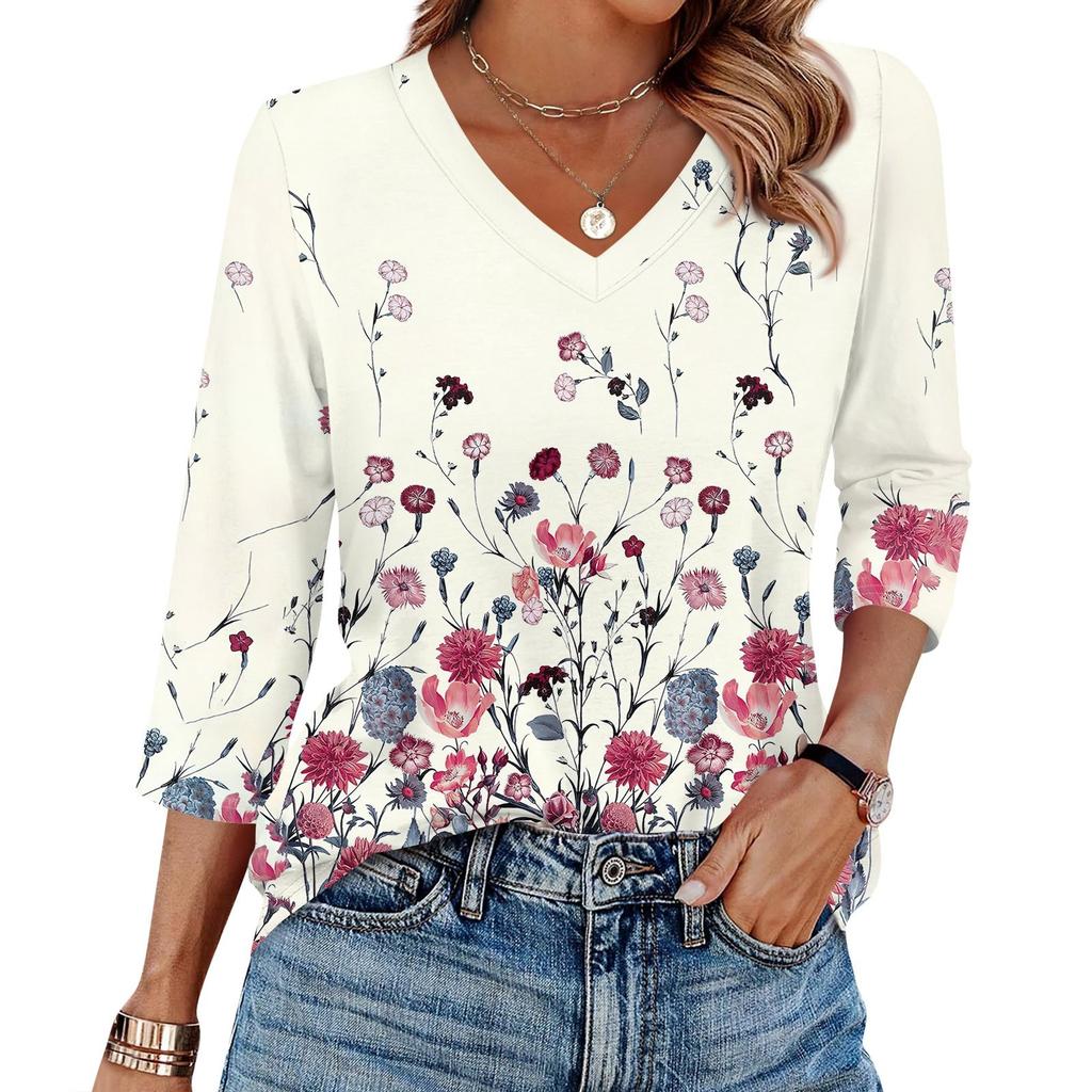 Women's T Shirt Print 3/4 Sleeve Daily Weekend Fashion Basic V- Neck Regular Top