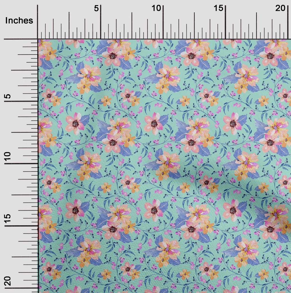 oneOone Cotton Flex Fabric Watercolor Leaves & Flower Floral Print Sewing Fabric BTY 40 Inch