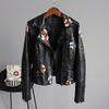 Women Floral Print Embroidery Faux Leather Jacket Coat Motorcycle Black Punk Outerwear