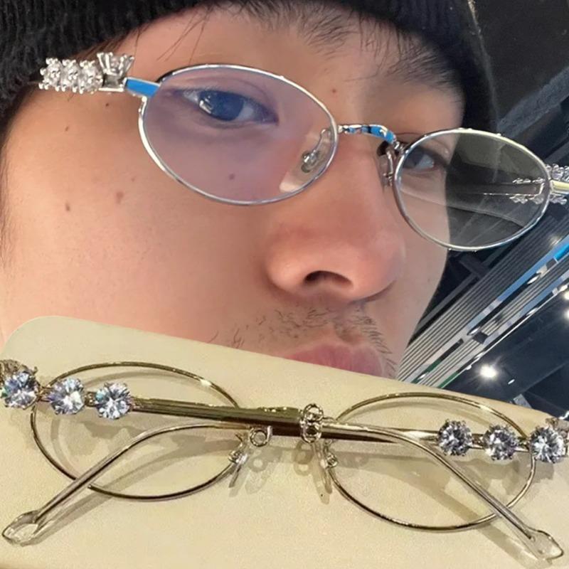 1/2Pcs Punk Oval Shades Rhinestone Glasses Women Men Exaggerated Y2K Retro Eyewear Stainless Steel Oval Metal Frame Eyeglasses