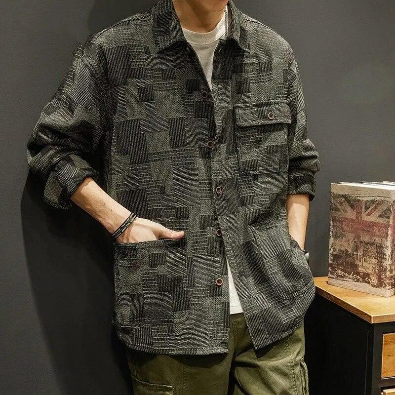 Американские винтажные мужские клетчатые рабочие рубашки, пальто, весенне-осенняя модная новая мужская одежда, повседневные свободные черные, серые куртки с длинными рукавами