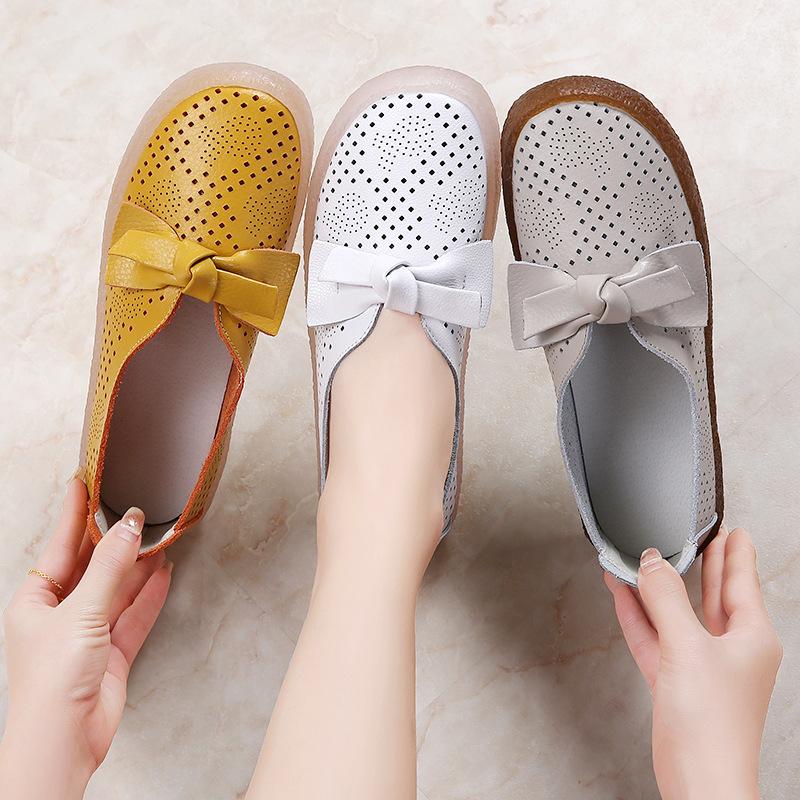Весна/лето Женская повседневная обувь из искусственной кожи с вырезами Женские мокасины Дышащие туфли без застежек на плоской подошве с бантом Милые женские туфли