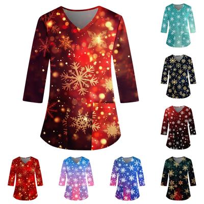 Женский свободный рабочий топ с V-образным вырезом и карманом, рождественским принтом и рукавом три четверти