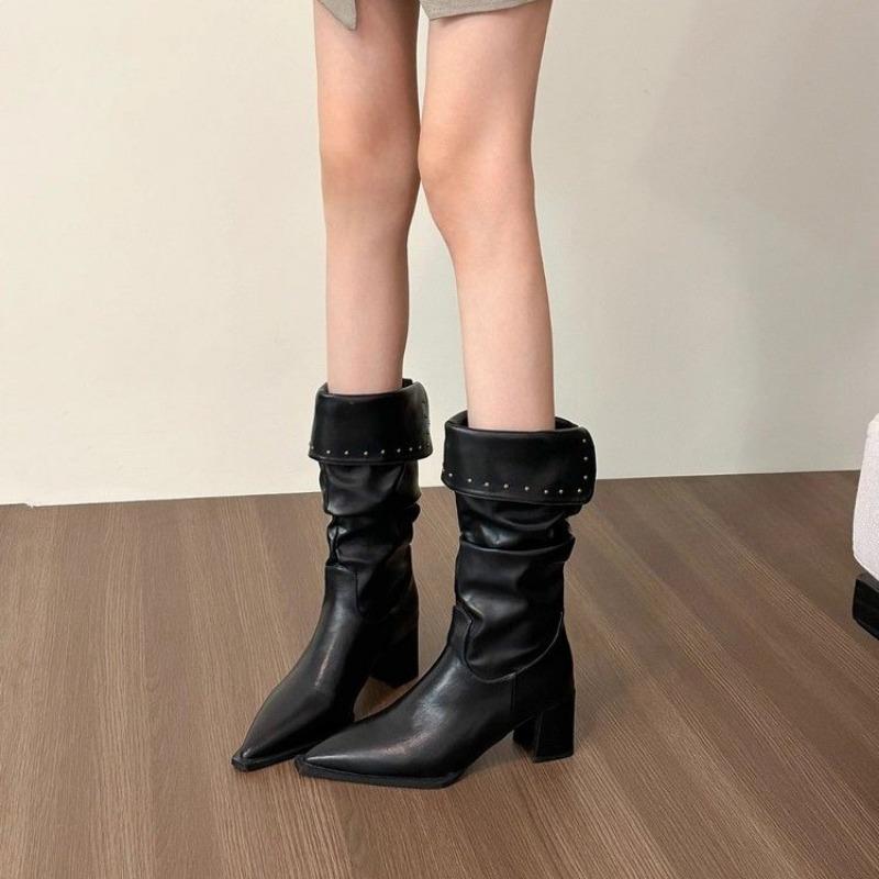 Мода 2024 Зима Новые женские сапоги до середины икры Массивные остроносые кожаные туфли Трендовые модные туфли-лодочки Женские туфли на высоком каблуке Snow Long