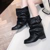 Fashion Studded Metal Buckle Pleated Single Boots Women's Autumn New Round Toe Sleeve Non-Slip Block Heel Short Boots