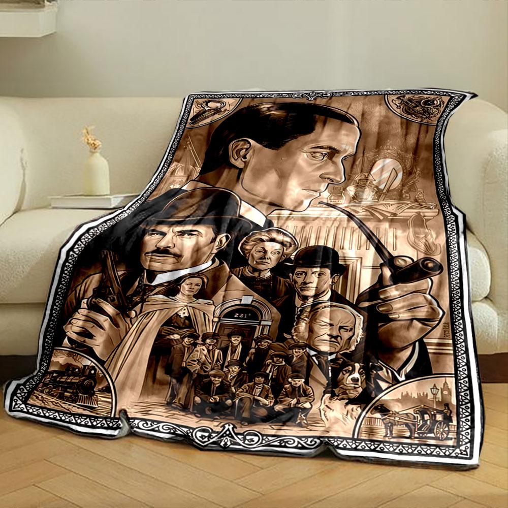 Retro Sherlock Holmes Detective Poster Dark Warm Blanket, Plush Throw for Movie Nights at Home, Fluffy Warm Blanket for Cold Evenings