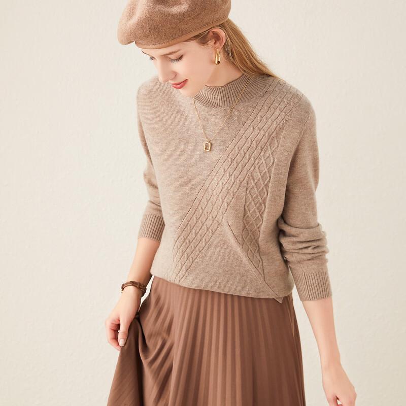 TUHUANG Women's Pure Wool Cable Knit Half-Turtleneck Sweater