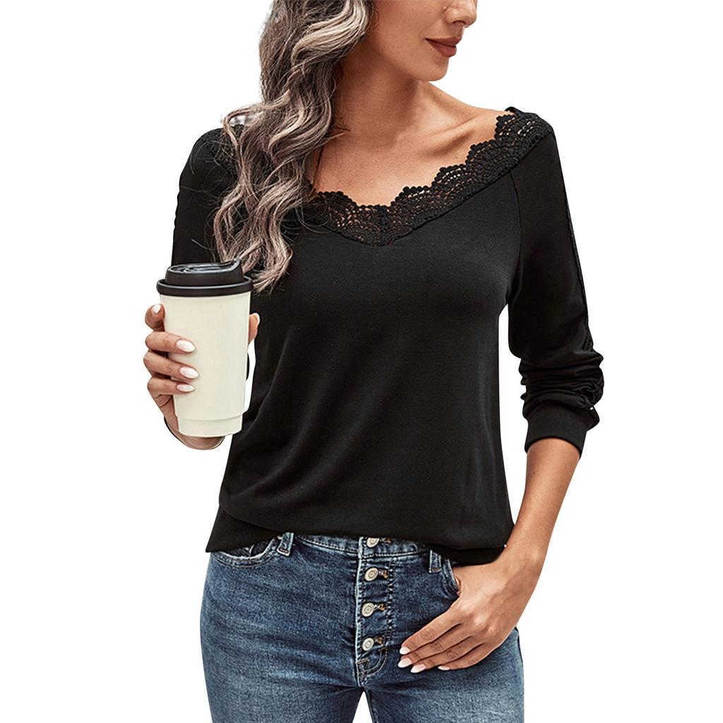 Женская майка с V-образным вырезом, кружевной отделкой, длинными рукавами, однотонный повседневный топ