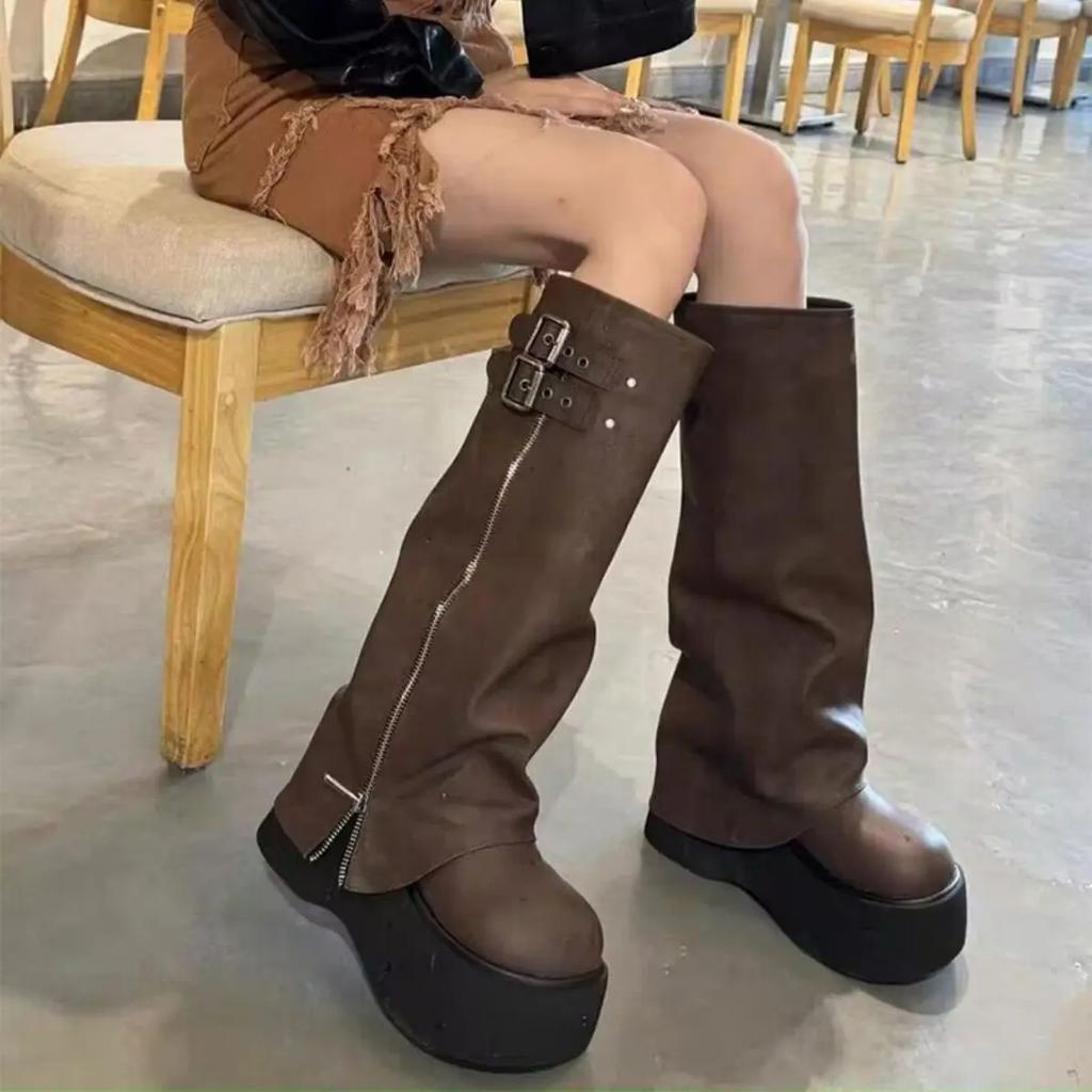 Punk Style Women Knee High Boots Designer Belt Buckle Platform Heel Shoes Autumn Winter Long Booties New