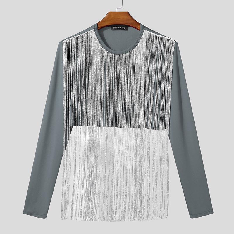 INCERUN Мужские футболки с круглым вырезом, кисточками спереди, в стиле пэчворк, с длинным рукавом, повседневные, укороченные