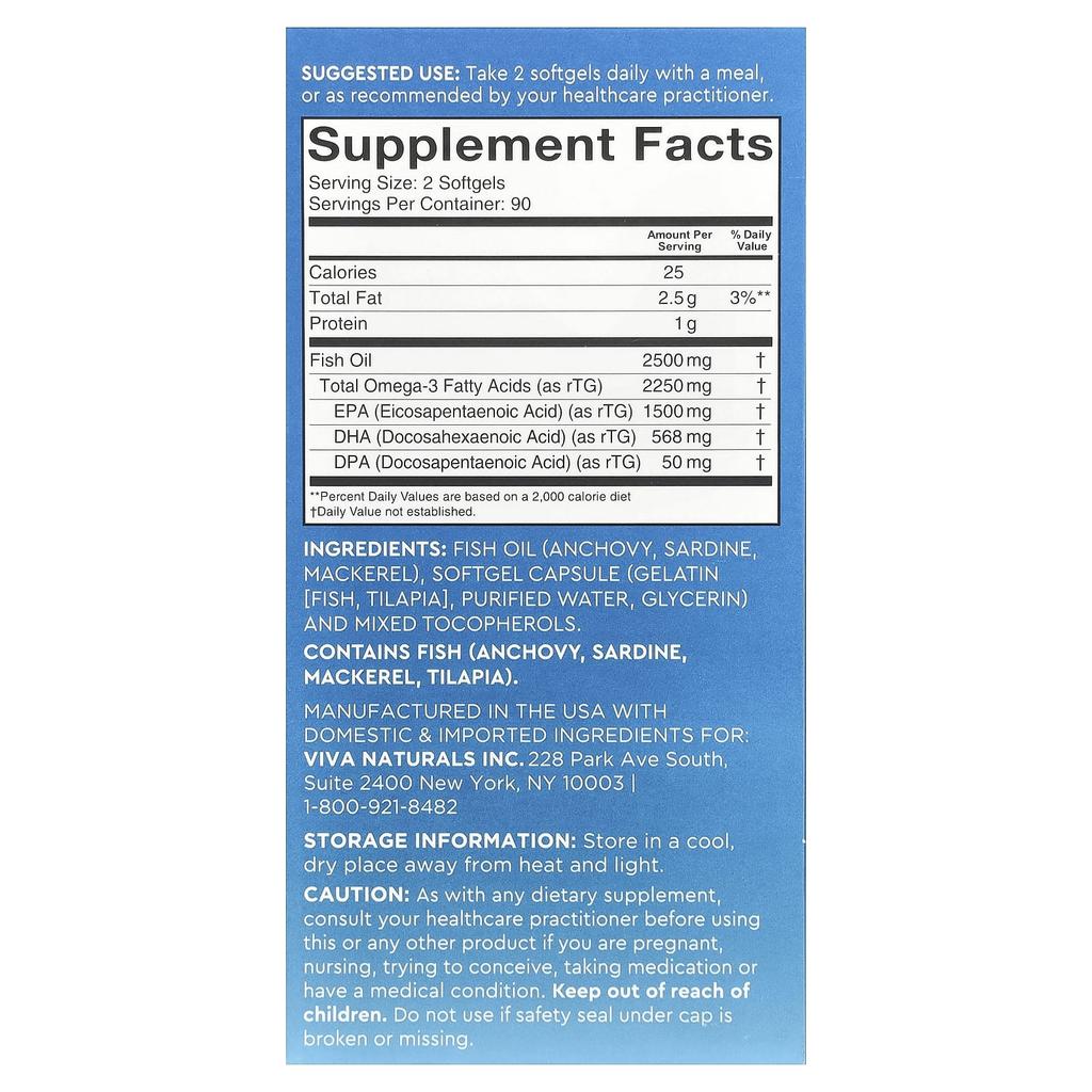 Omega-3 Fish Oil, Triple Strength, 2,500Mg, 180 Softgels (1,250Mg Per Softgel)