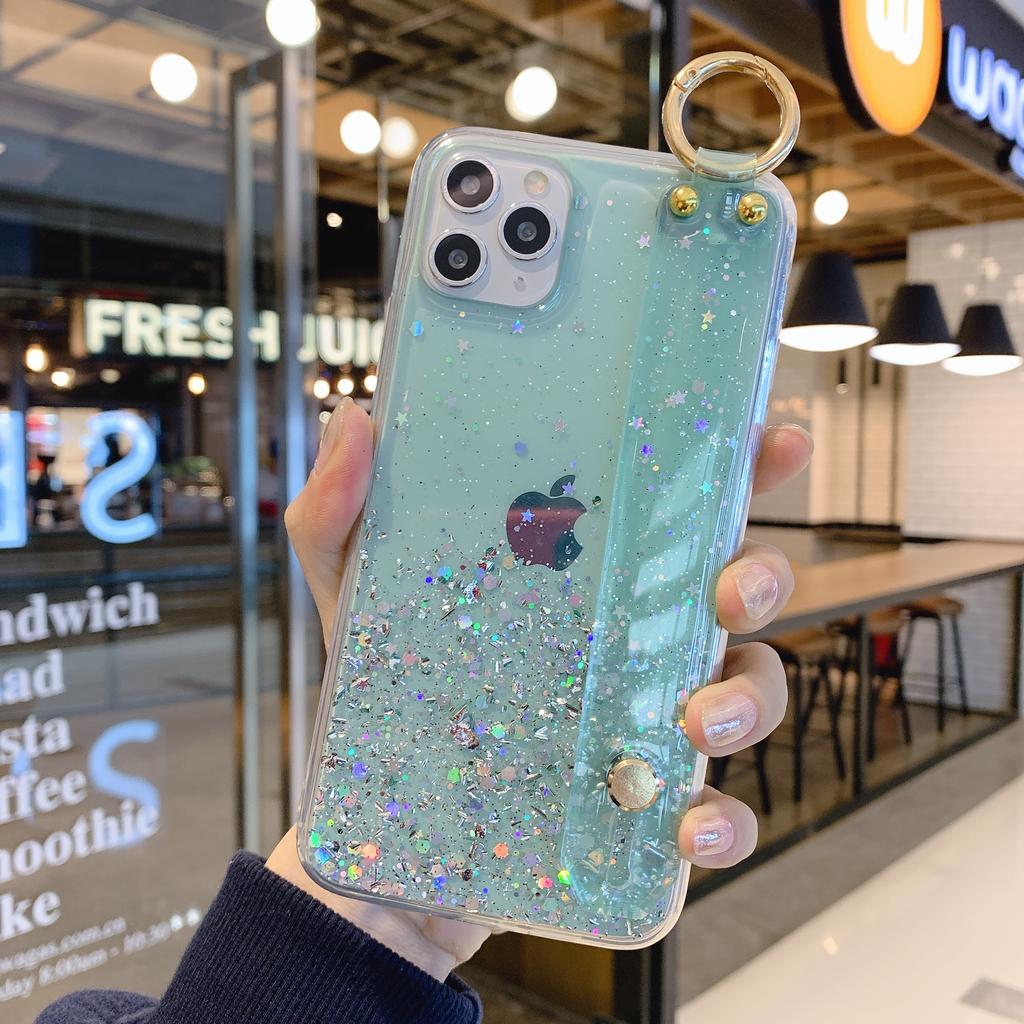 Блестящие Звездные Пайетки Ремешок на Запястье Подставка Чехол Для iPhone 16 15 14 13 12 11 Pro Max Plus Mini XS XR X 87 Прозрачный Силиконовый Чехол