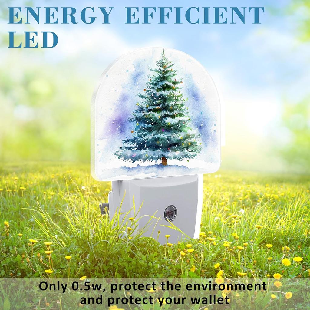 Watercolor Christmas Tree Night Light for Kids, LED Night Light Plug into Wall with Dusk to Dawn Sensor for Girls Boys Women Men Room Decor, Hallway,