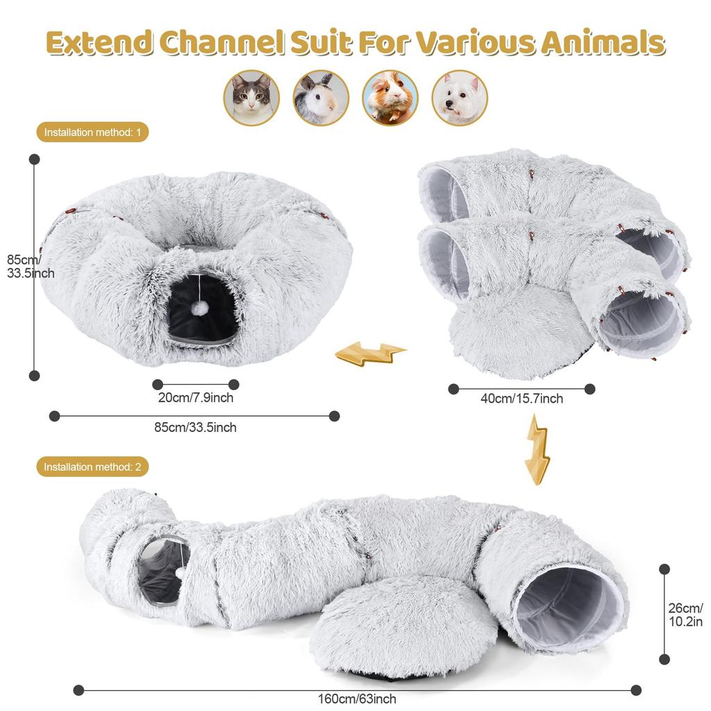 Odoland 85 см туннель для кошек Donut 160 см длинный туннель для кошек S с отсутствием игрушки для кошек для маленьких больших серых кроватей, форма, подушка, пушистая, игра, упражнения,