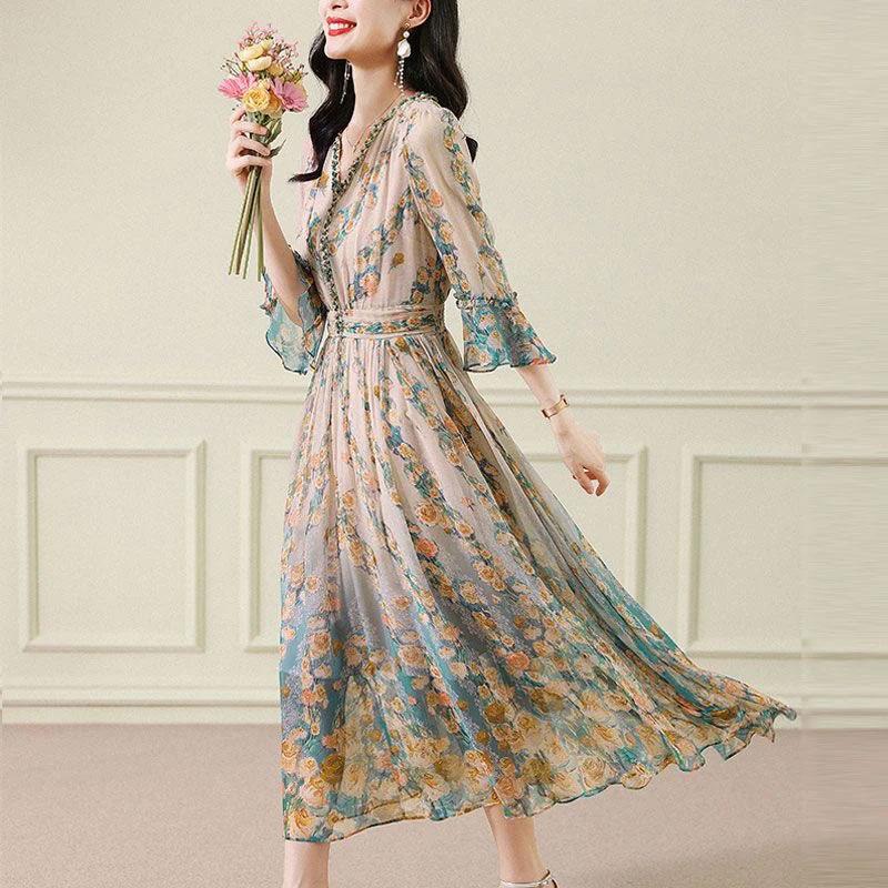 Шелковое платье Женское Летнее Французское Приталенное Цветочное Элегантное V-образный вырез Длинная юбка