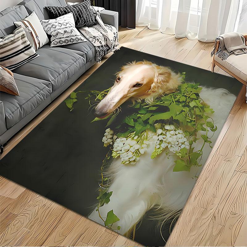 Elegant Dog with Greenery suitable as a non-slip mat for the living room or bedroom sofa