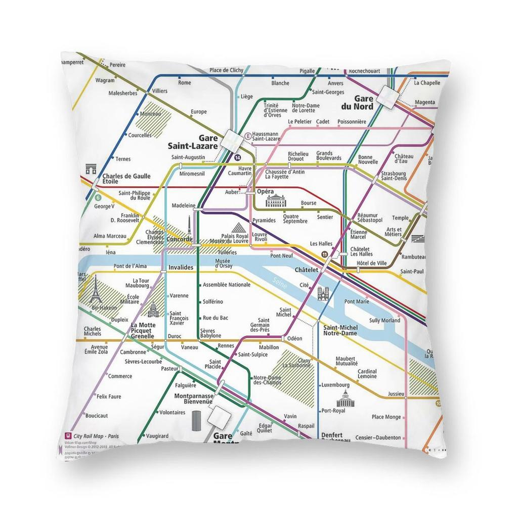 Paris City Rail Map Square Pillowcase Polyester Linen Velvet Printed Zip Decorative Throw Pillow Case Bed Cushion Cover