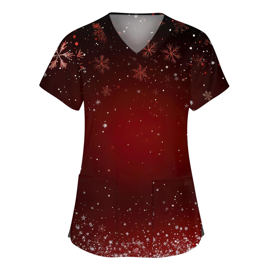 Women's Fashion V-neck Short Sleeve Workwear With Pockets Christmas Printed Tops