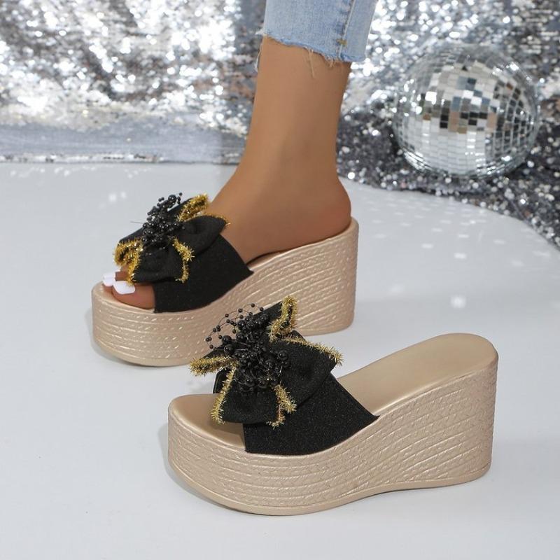 Модные босоножки большого размера, летние новые босоножки на платформе с толстой танкеткой и жемчужным бантом на высоком каблуке