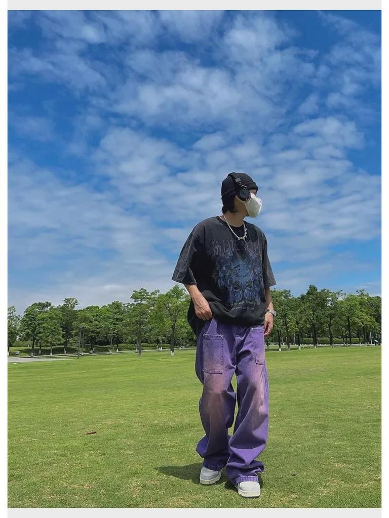 2023 Мужские джинсы в стиле ретро с широкими штанинами фиолетового цвета - Американская уличная мода в стиле хип-хоп