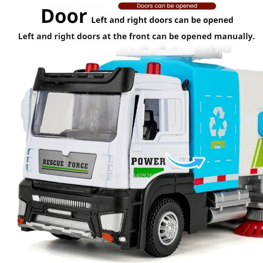 Scale 1:32 Electric Vacuum Cleaner Car Model Toy Metal Body Music Light Spray Engineering Vehicles Decorative Ornaments for Boys