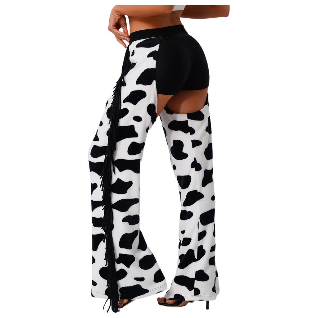 Womens Cow Spot Pattern Flannel Long Pants - with Side Tassel, Adjustable Waist, Open Crotch for Biking Riding Cowgirl Chaps Halloween Cosplay