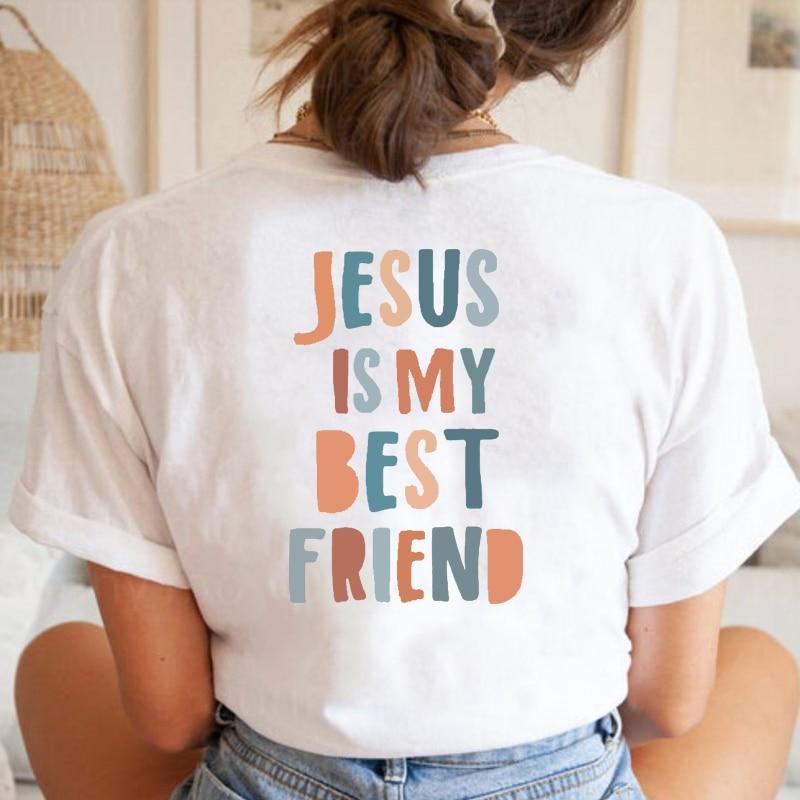 Женские футболки с принтом «Иисус мой лучший друг» сзади, хлопковая винтажная одежда, вдохновляющая футболка, повседневные топы с круглым вырезом, дропшиппинг