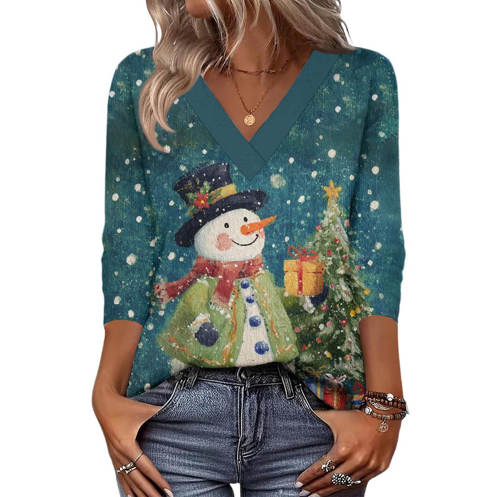 Women's Loose Comfortable Casual Fashion V-Neck Christmas Print 3/4 Sleeve Top
