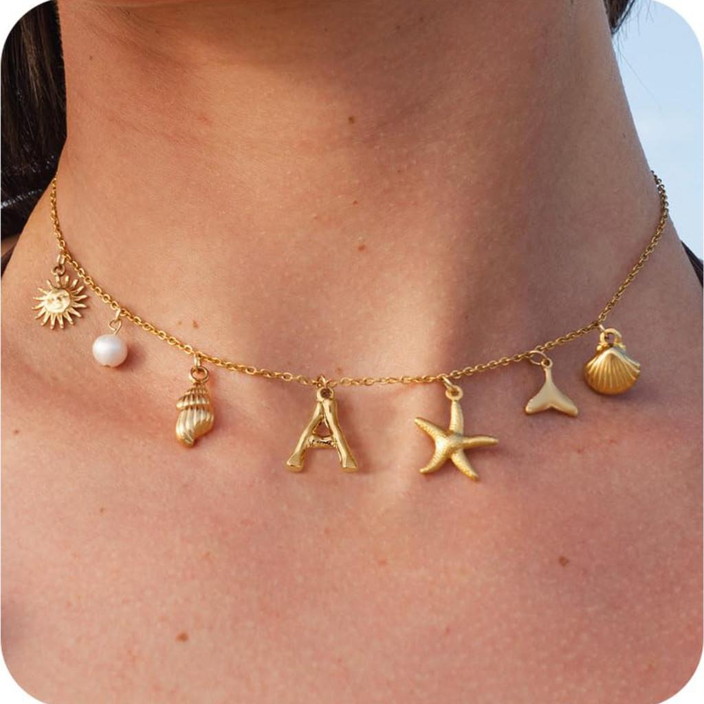 MHS.SUN Starfish Shell Initial Necklace Waterproof 18K Gold Plated Stainless Steel Charm Necklaces Surfer Girl Summer Beach Gift