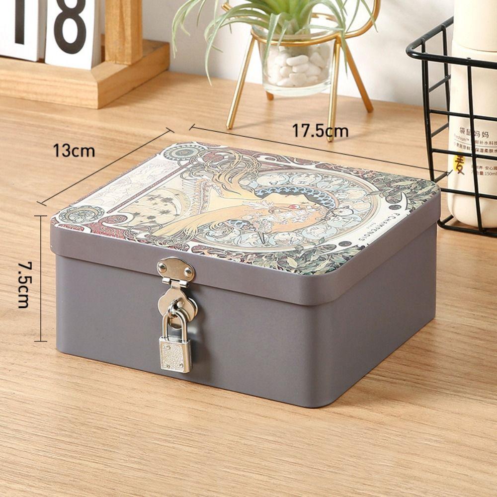 Vintage Tinplate Box with Lock Key Metal Box Durable Makeup Box
