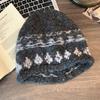 Fair Island retro curled jacquard knitted wool hat women's winter warm face small bag hat big head circumference cold hat