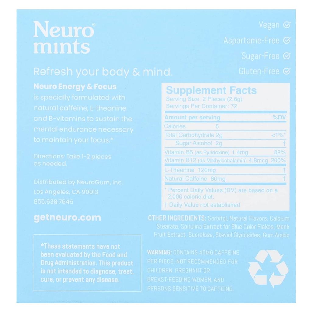 NeuroGum NeuroMints, Energy & Focus, Peppermint, 12 Packs, 12 Pieces (total of 144 Pieces)