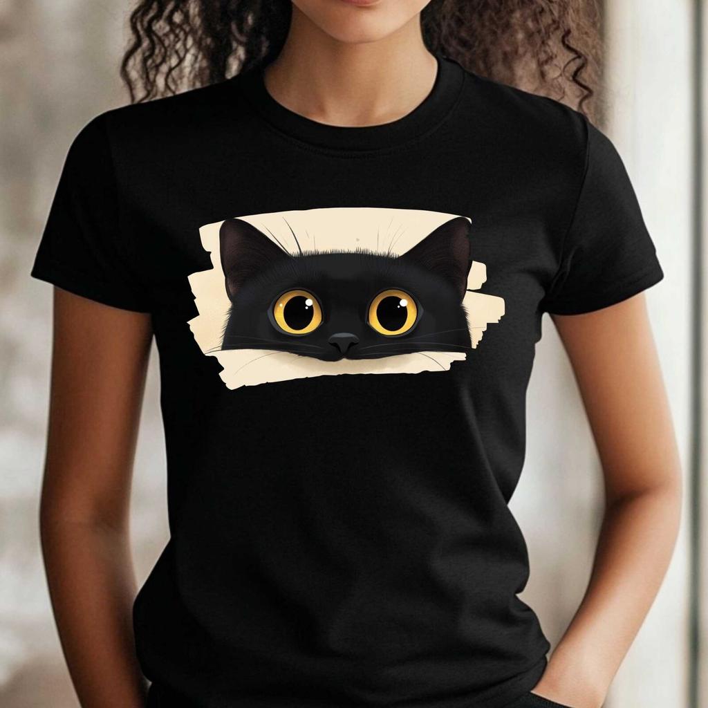 T-Shirt Frauen Spähende Katze Motiv Baumwolle Größe XS bis 3XLWird in neuem Fenster oder Tab geöffnet