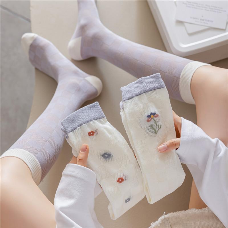 Spring And Summer Color Matching Plaid Flower Calf Socks Women'S Retro Mori College Style Knee Cotton Socks Japanese Jk