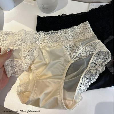 Высококачественные французские атласные кружевные трусики кремового цвета со средней посадкой для женщин - однотонные, промежность из чистого хлопка