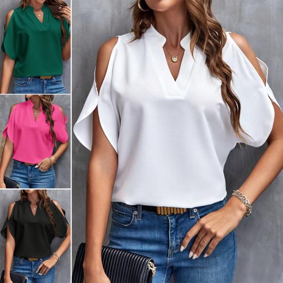 Женская летняя повседневная рубашка с v-образным вырезом и открытыми плечами, пуловер с короткими рукавами, однотонная блузка свободного покроя, женская одежда