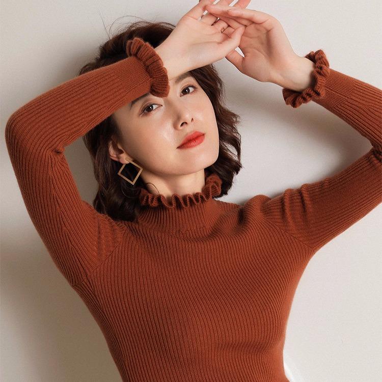 Осенне-зимний однотонный вязаный свитер с оборками и полувысоким воротом, внутренняя часть комплекта, нижняя часть рубашки