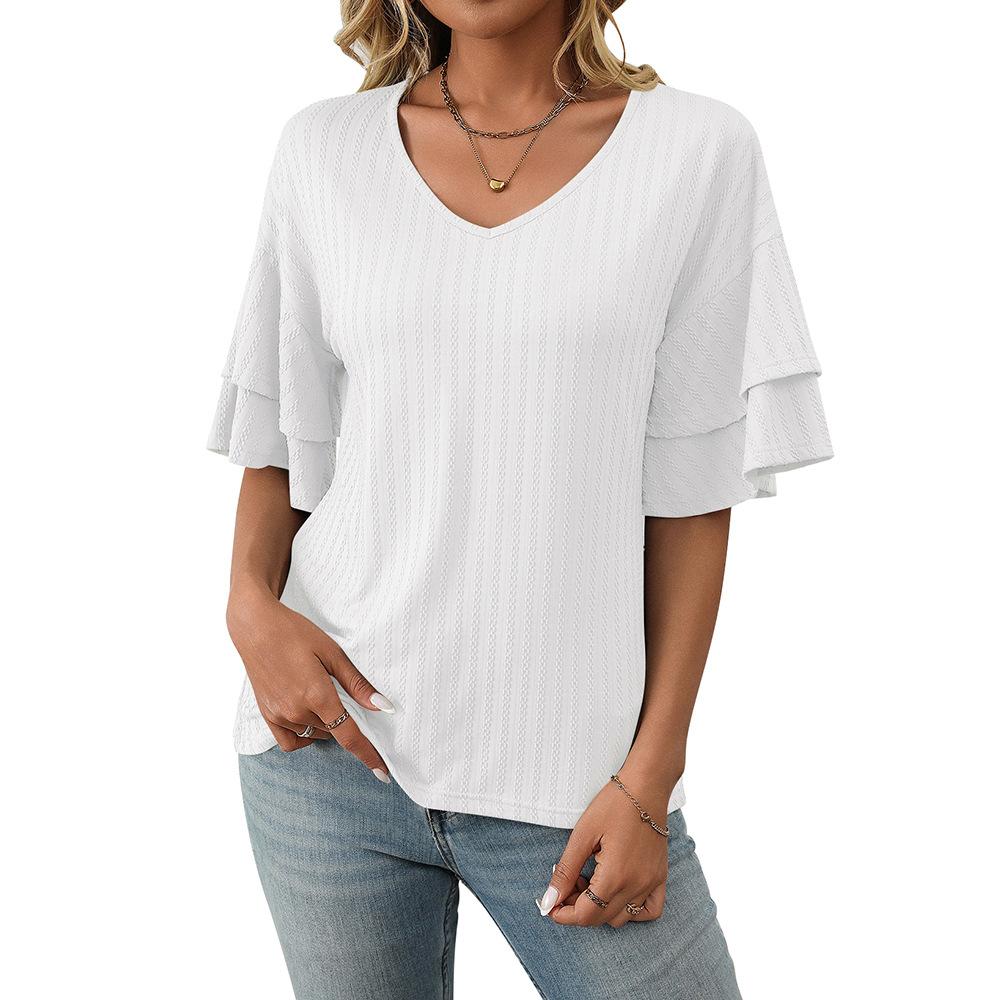 Women's 2025 V-Neck Ruffled Sleeve Short Sleeve T-Shirt, Solid Color Casual Summer Blouse with Flowy Hem for Daily & Vacation Outfits
