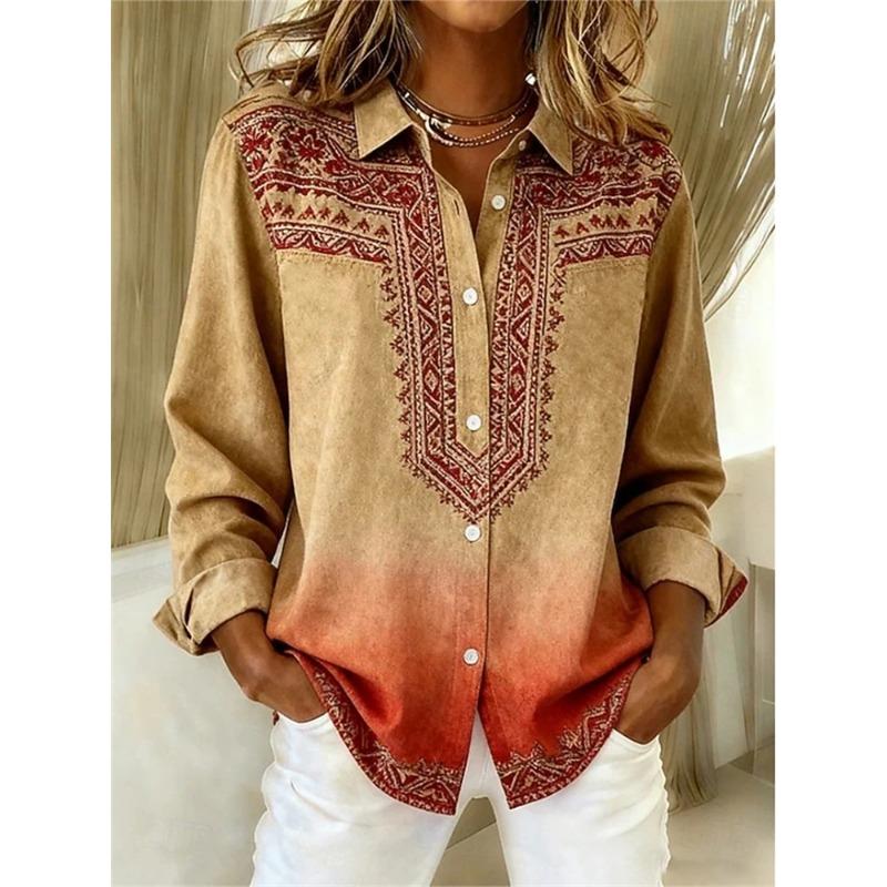 Fashion Gradient Single-Button Women's Shirt Casual Everyday Comfortable Long-Sleeve Collared Shirt Loose-Fit Shirt
