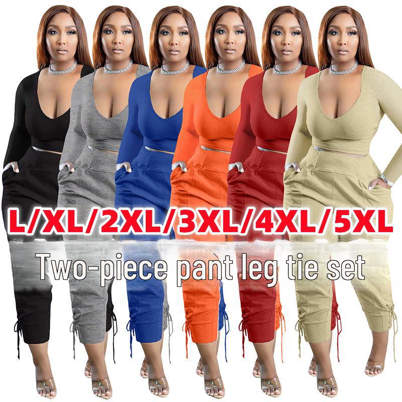 European & American Plus Size V-Neck Solid Color Casual Two-Piece Legging Suit for Women