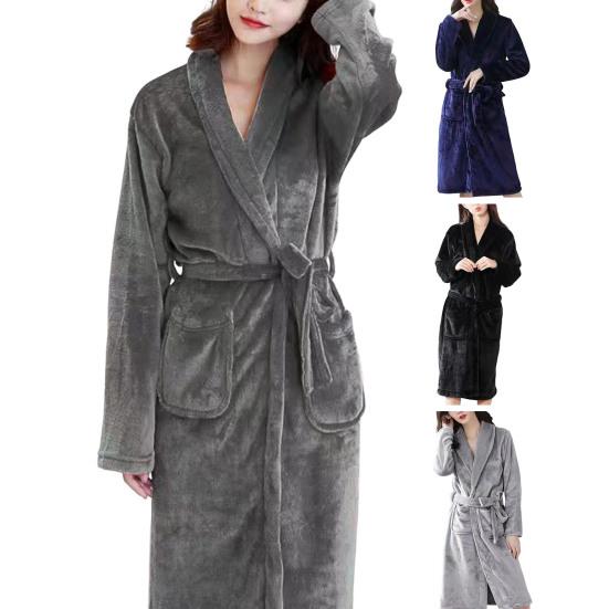 Men Women Plush Fleece Bath Robe Knee-Length Lapel Tie Design Water Absorbent Winter Loungewear Daily Wear Sleepwear