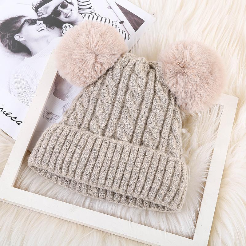 Hat Women's Winter Adult Plus Velvet Double Fur Ball Pullover Woolen Hat Korean Version Cute Cold Hat Personalized Warm Knitted Hat