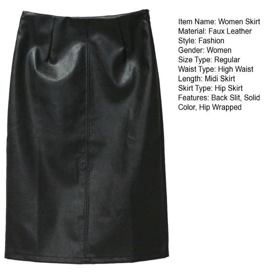 Женская юбка с высокой талией и разрезом сзади, искусственная кожа, миди-юбка, однотонная, облегающая бедра, черная юбка, праздничная одежда