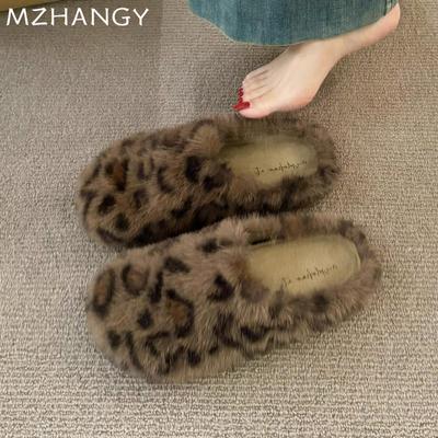 Леопардовый мех хлопковые тапочки зимние туфли на плоской подошве женские трендовые модные новые теплые повседневные удобные домашние туфли с открытой пяткой шлепанцы