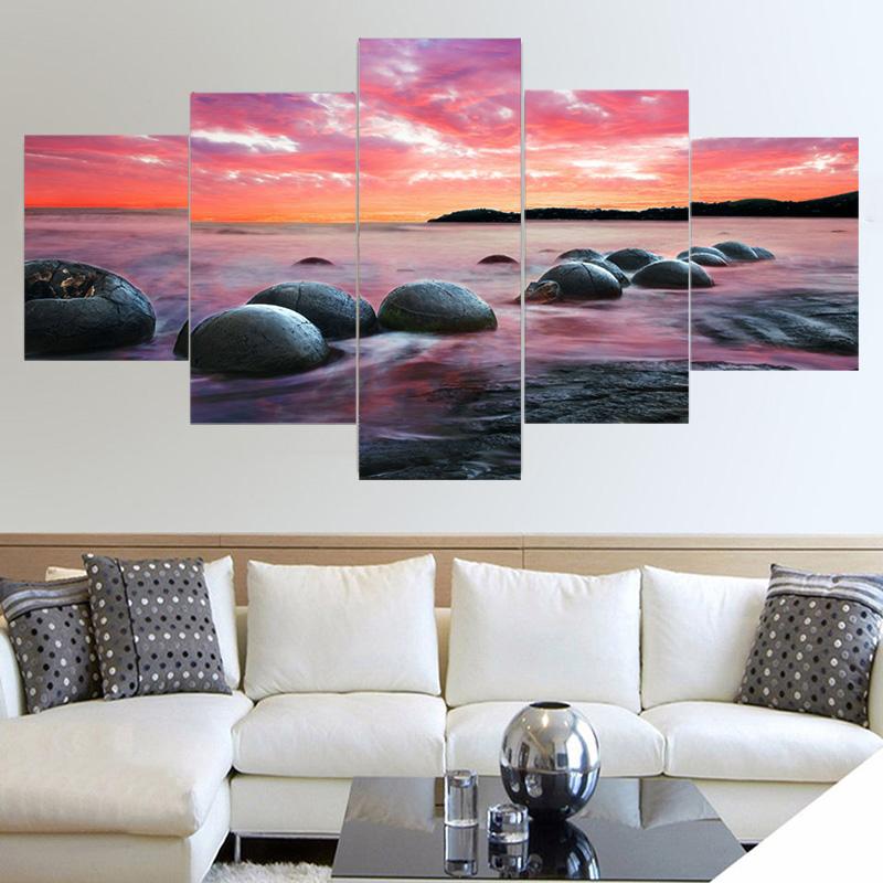 5 панелей Морской пейзаж Морской большой круглый камень Красочное небо Холст Картина Плакаты и принты Настенная картина Домашний декор без рамки