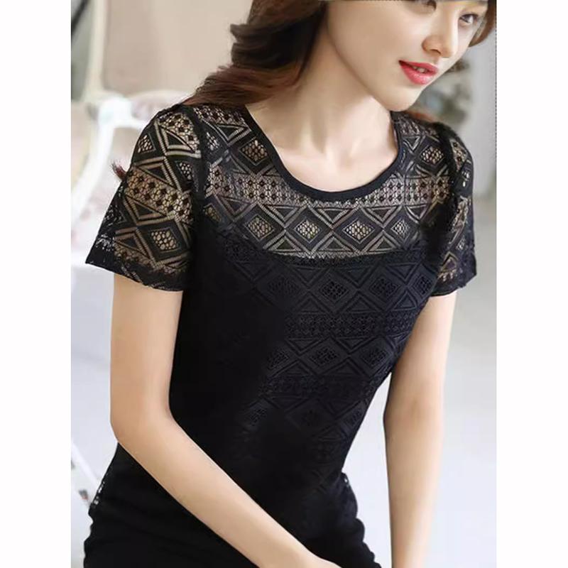 Женская кружевная блузка с ажурной вышивкой, белая элегантная блузка, летняя модная блузка с круглым вырезом и коротким рукавом, милая шикарная блузка
