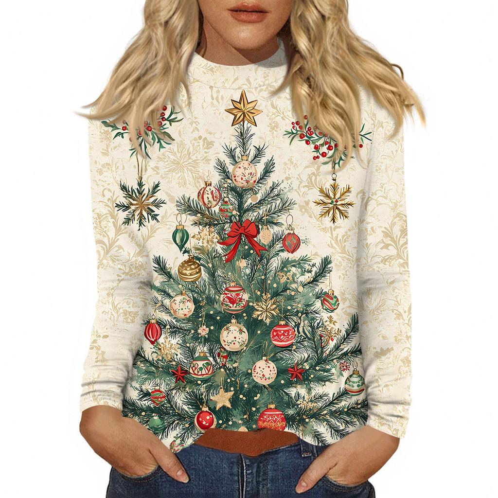 Women Fall Casual Long Sleeve Shirts Sweatshirt Vintage Printed High Neck Top Pullover