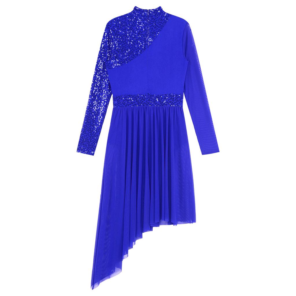 Women Sparkly Sequins Modern Lyrical Dance Dress Long Sleeve Irregular Hem Dresses Performance Costume